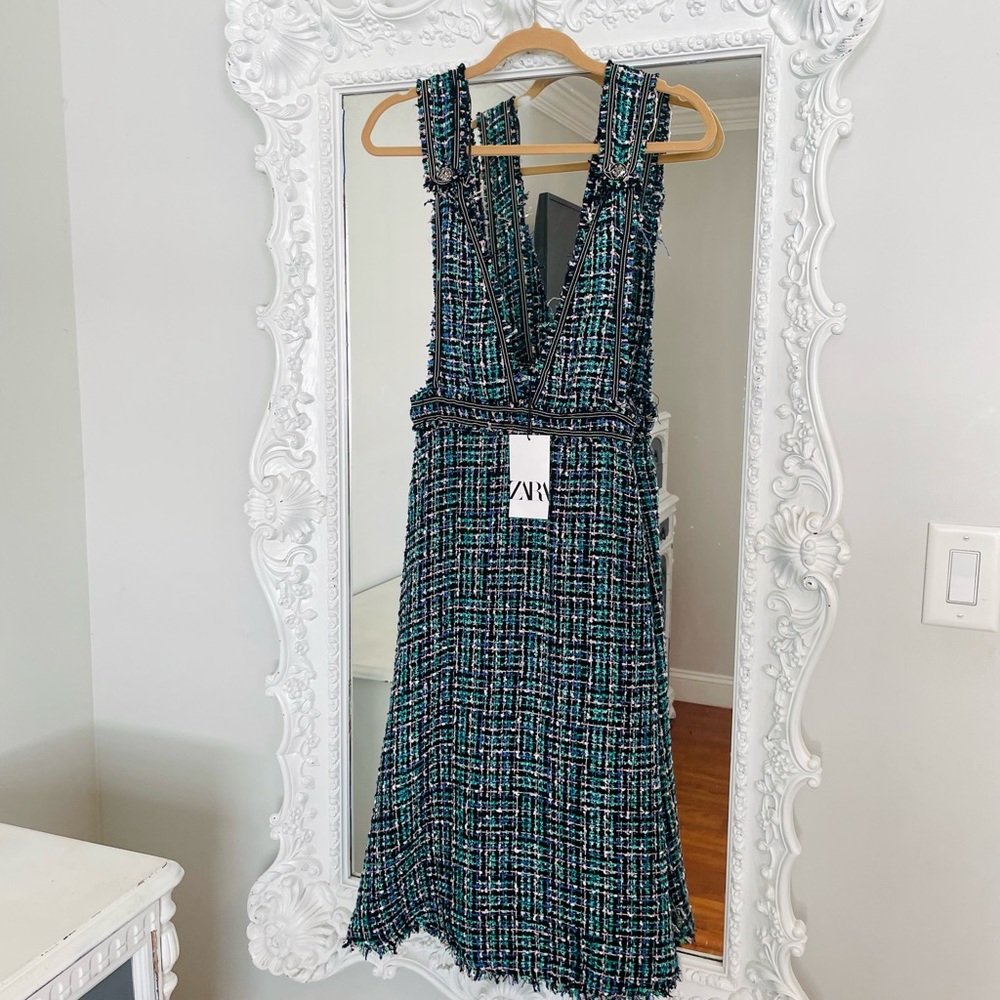 NWT Zara Green Tweed Pinafore Overalls Dress